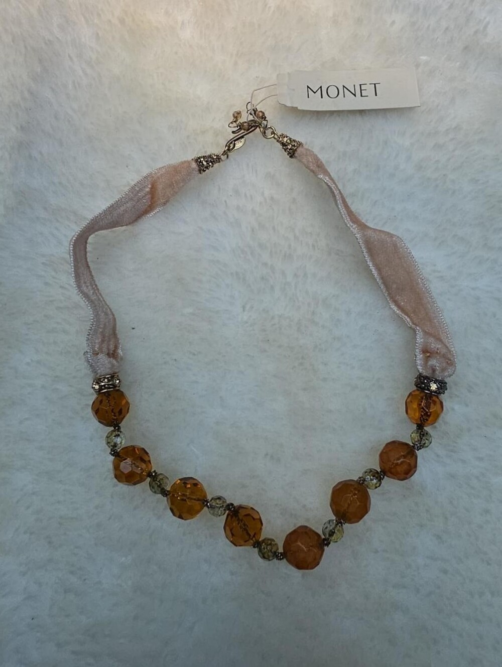 Monet Amber Faceted Bead Necklace with Soft Ribbon